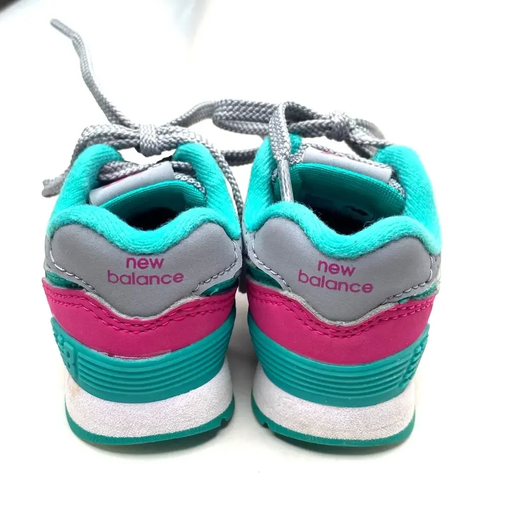 New Balance 574 Baby Training Walking Shoes Size 2 Lace up Gray Pink Teal